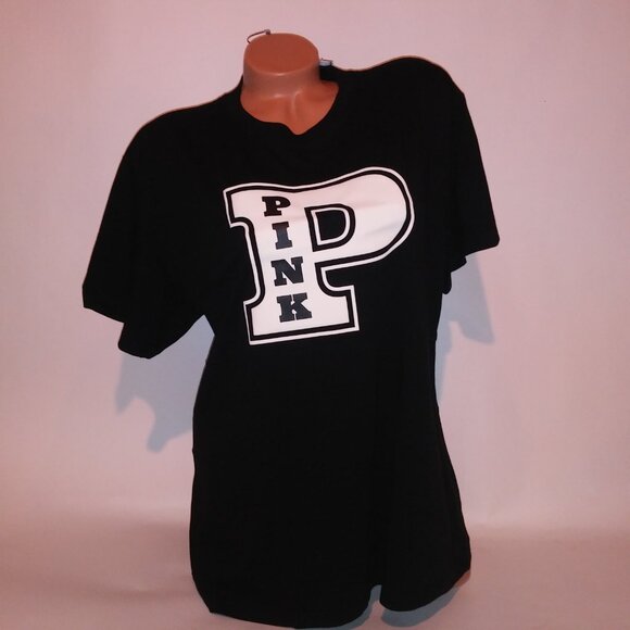 Victoria Secret PINK T Shirt‎ Black Cream Logo Crew Neck Short Sleeve Campus Tee - Picture 7 of 12